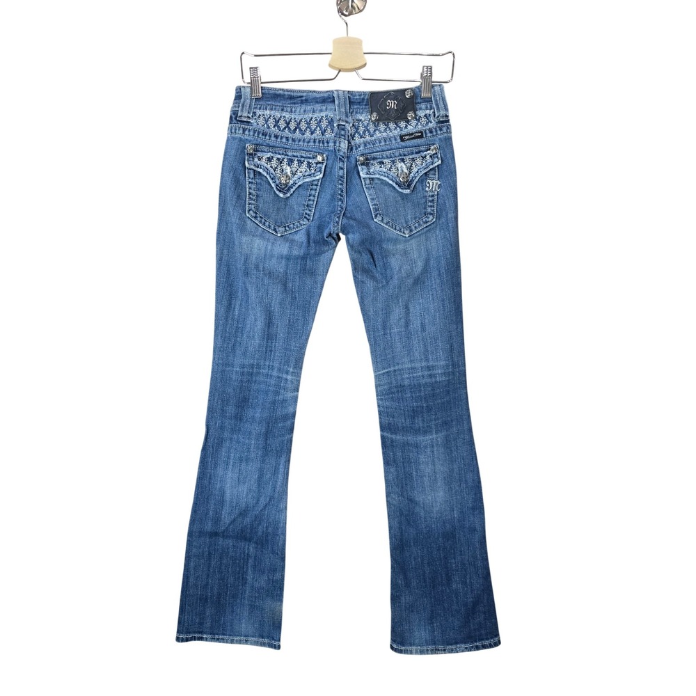 Miss Me Bootcut Jeans 26 Blue Embroidered Rhinestone Flap Pocket Y2K Western